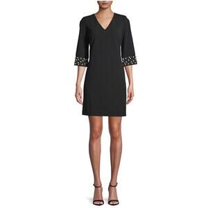 Calvin Klein Black Sheath Dress Pearl Trimmed Sleeves